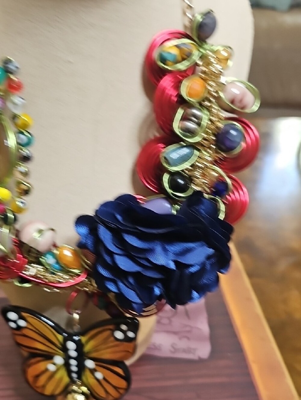 Statement Floral & Butterfly Pendant Necklace - Blue - Picture 7 of 12